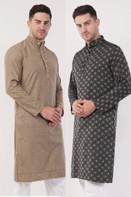 Sypher Boutique Men Self Design Straight Kurta(Black, Beige)