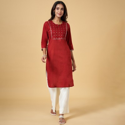 Rangmanch by Pantaloons Women Embroidered Straight Kurta(Orange)