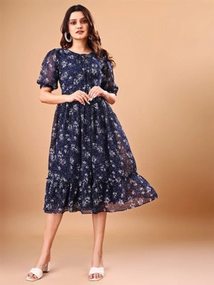 Nautiful Women Floral Print Flared Kurta(Dark Blue)