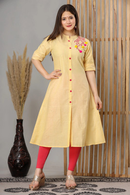 LOOMS21 Women Embroidered A-line Kurta(Yellow)
