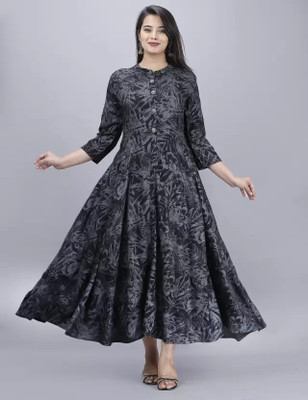 AnviTextile Women Printed Anarkali Kurta(Grey, Black)