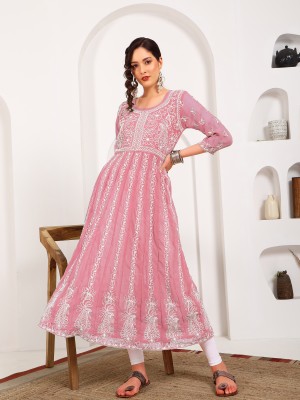 Youthnic Women Chikan Embroidery Anarkali Kurta(Pink)