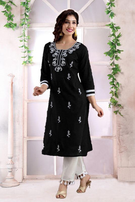 vikshi Women Chikan Embroidery Straight Kurta(Black)
