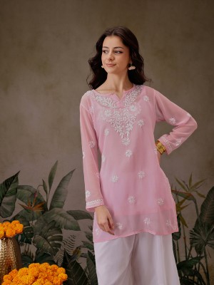 ADA Women Embroidered, Chikan Embroidery Straight Kurta(Pink)