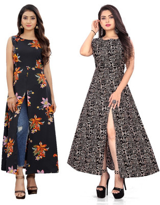 Hiral Creation Women Floral Print Frontslit Kurta(Black)