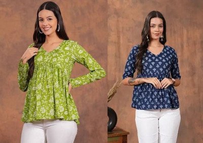 ARZOO Women Floral Print Flared Kurta(Green, Blue)