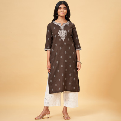 Rangmanch by Pantaloons Women Printed Straight Kurta(White, Brown)