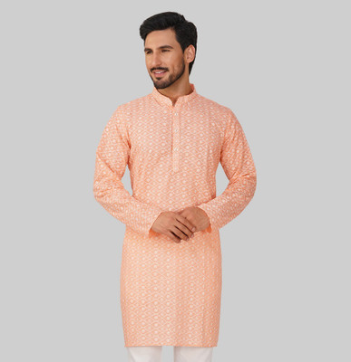 Vastraa Fusion Men Embroidered Straight Kurta(Orange)