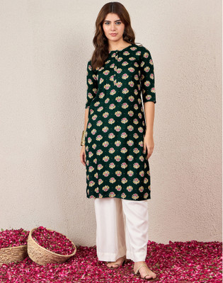 Uparna Women Printed, Embellished Straight Kurta(Dark Green)