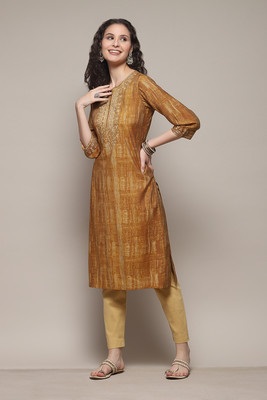 BIBA Women Printed Straight Kurta(Yellow, Brown)