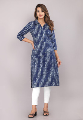 Kriftee Women Printed Straight Kurta(Blue)