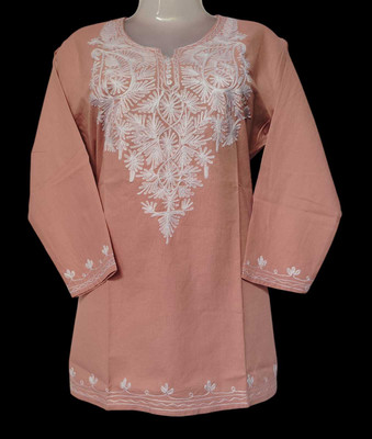 Anshi jari arts Women Chikan Embroidery Anarkali Kurta(Pink)