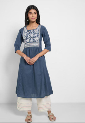 Daneen Women Embroidered Flared Kurta(Blue)