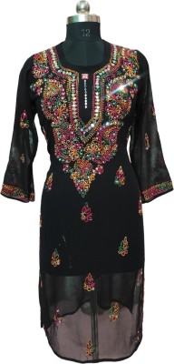 Neelam Chikan Women Chikan Embroidery Straight Kurta(Black, Multicolor)