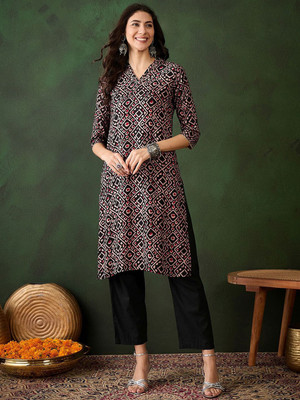 Sangria Women Printed Straight Kurta(Black)