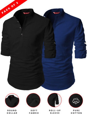 FireFish Men Solid A-line Kurta(Dark Blue)