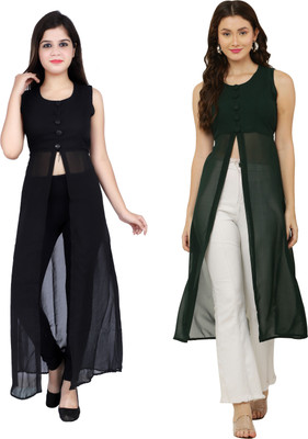 VESICLE Women Solid Frontslit Kurta(Black, Green)