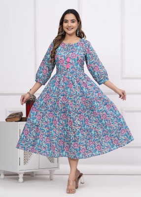 Urmisa Women Floral Print Anarkali Kurta(Blue)