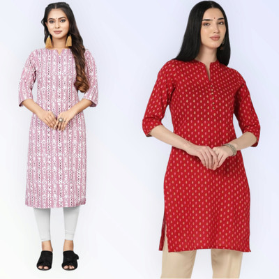 HouseOfCommon Women Printed Straight Kurta(Red, Pink)