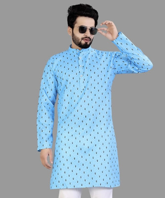 trueoath Men Printed Straight Kurta(Blue)