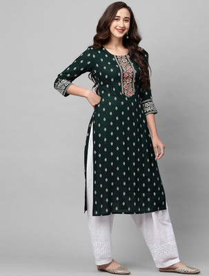 JAFFRY EMBROIDERY Women Printed Straight Kurta(Green)