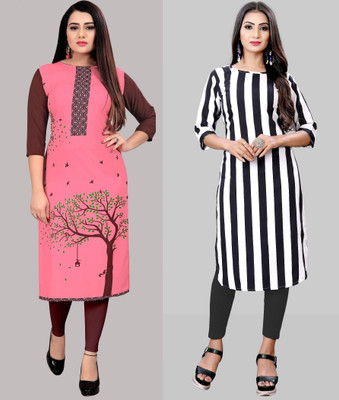 maruti fab Women Striped, Printed A-line Kurta(White)