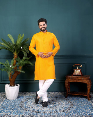 romj Men Self Design Straight Kurta(Yellow)