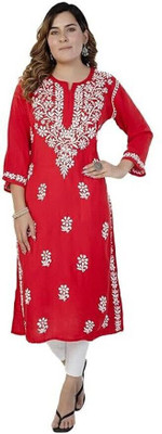 The Sufistore Women Chikan Embroidery A-line Kurta(Red)