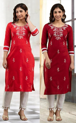vikshi Women Embroidered Straight Kurta(Multicolor)