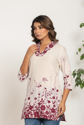 Jaipuri Bunaai Women Floral Print Straight Kurta(Maroon, White)