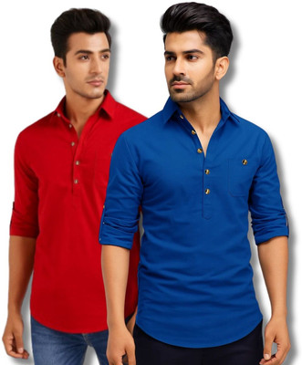 MAHIRAN Men Solid Straight Kurta(Red, Dark Blue)