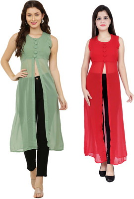 VESICLE Women Solid Frontslit Kurta(Light Green, Red)
