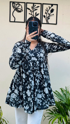 RAHABFAB Women Printed Flared Kurta(Black)
