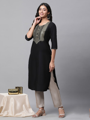 Aurelia Women Solid Straight Kurta(Black)