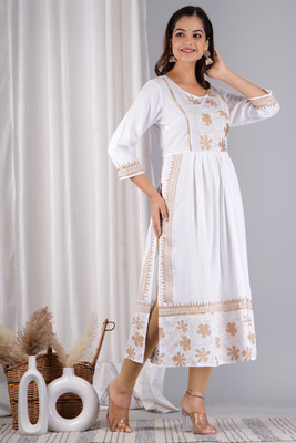 RV EXPO Women Printed A-line Kurta(White, Gold)