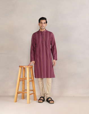 Fabindia Men Striped Straight Kurta(Pink)