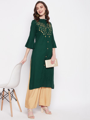 Imfashini Women Embroidered Straight Kurta(Green)