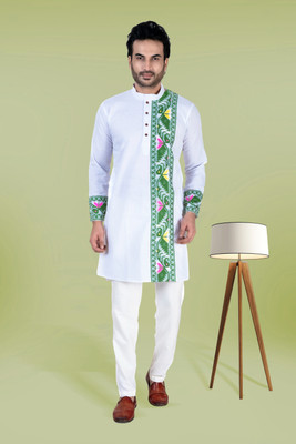 RIKTA Men Self Design Straight Kurta(White, Green)