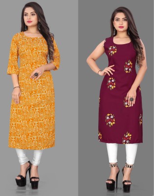 maruti fab Women Printed Straight Kurta(Maroon, Yellow)