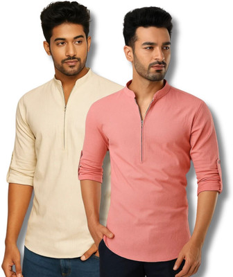 COTTONCHHAP Men Solid Straight Kurta(Beige, Pink)