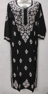 Lucknow Chikan Women Chikan Embroidery A-line Kurta(Black)