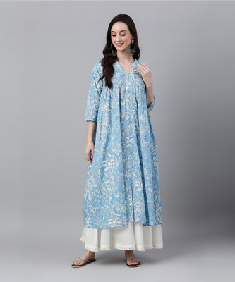 Janasya Women Floral Print, Printed Flared Kurta(Blue)