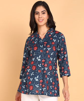 Blocks Of India Women Floral Print Cape Top Kurta(Red, Blue)