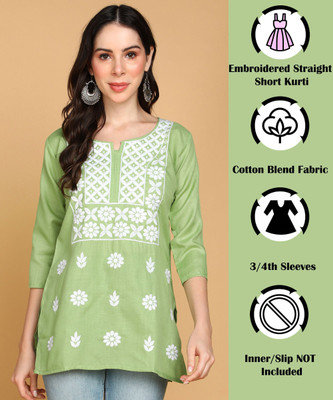 TOP N THREAD Women Chikan Embroidery, Embroidered, Self Design A-line Kurta(Green)
