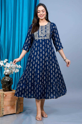ANUPRIYA CREATION Women Embroidered Anarkali Kurta(Dark Blue, White)