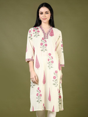 V-MART Women Printed A-line Kurta(Beige)