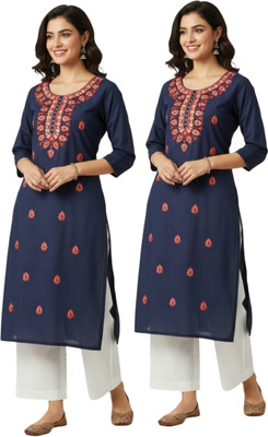 Badry Fashion Women Embroidered Straight Kurta(Blue)