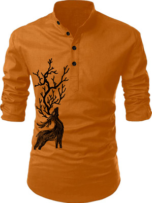 hfm Men Animal Print Straight Kurta(Brown)