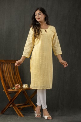 Key Women Chikan Embroidery A-line Kurta(Yellow)