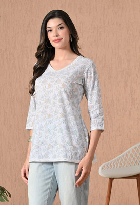 METAFAB Women Printed Tunic Kurta(White)